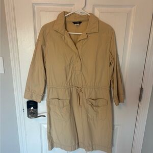 Banana Republic Khaki Casual Dress Small Cinch Tie Front Pockets Teacher Cotton